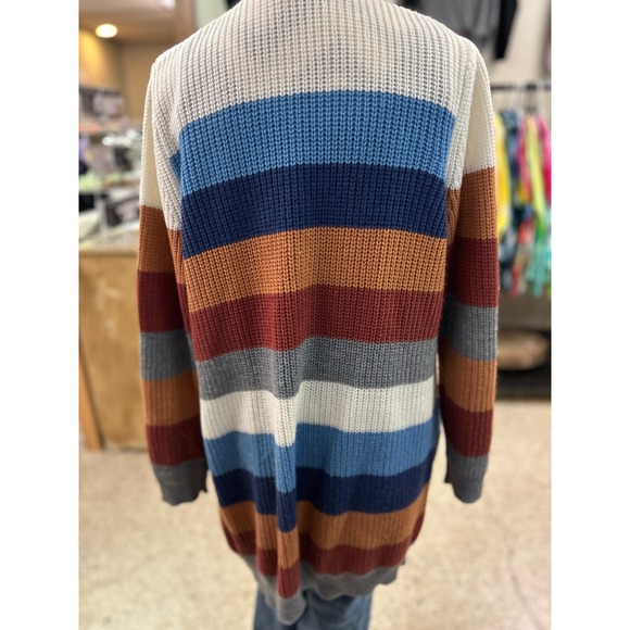 Striped Knit‎ Cardigan Sweater Open Front Pockets Cozy Colorful, Size M - Picture 5 of 5